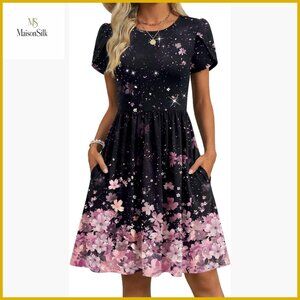 Short Sleeve A-Line Mini Dress with Pockets, Casual Swing T-Shirt Dress